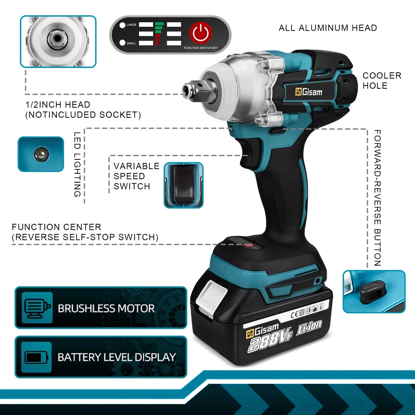 Gisam 520n.M Brushless Electric Impact Wrench 1/2 In Li-on Battery for Automotive Repair Power Tools for Makita 18V Battery Pins