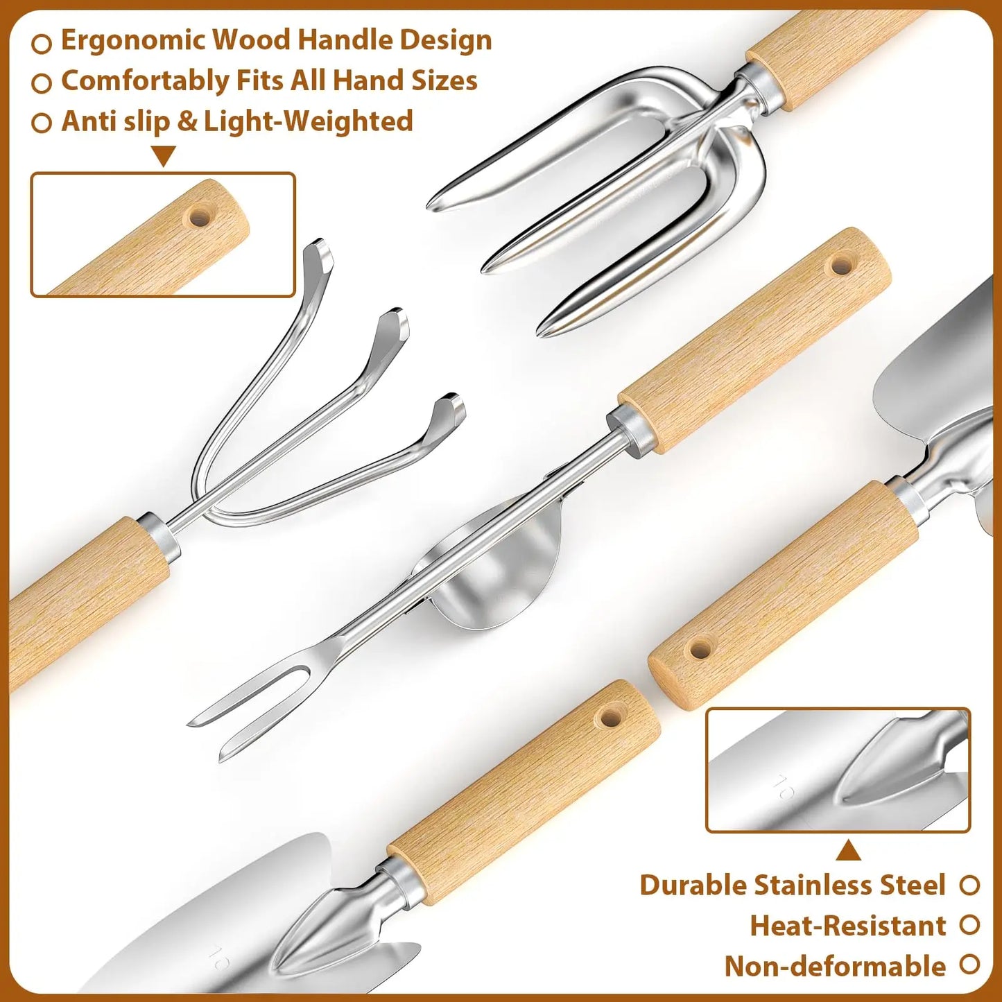 9 Piece Garden Weeding Tools Stainless Steel Gardening Tool Set with Wooden Handle, Weeder