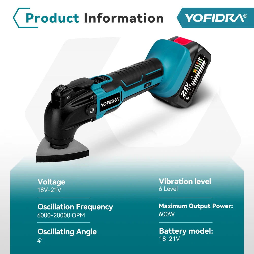 YOFIDRA 6 versnellingen snoerloze oscillerende multitool elektrische snij-, polijst- en trimmachine elektrisch gereedschap voor Makita 18-21V accu