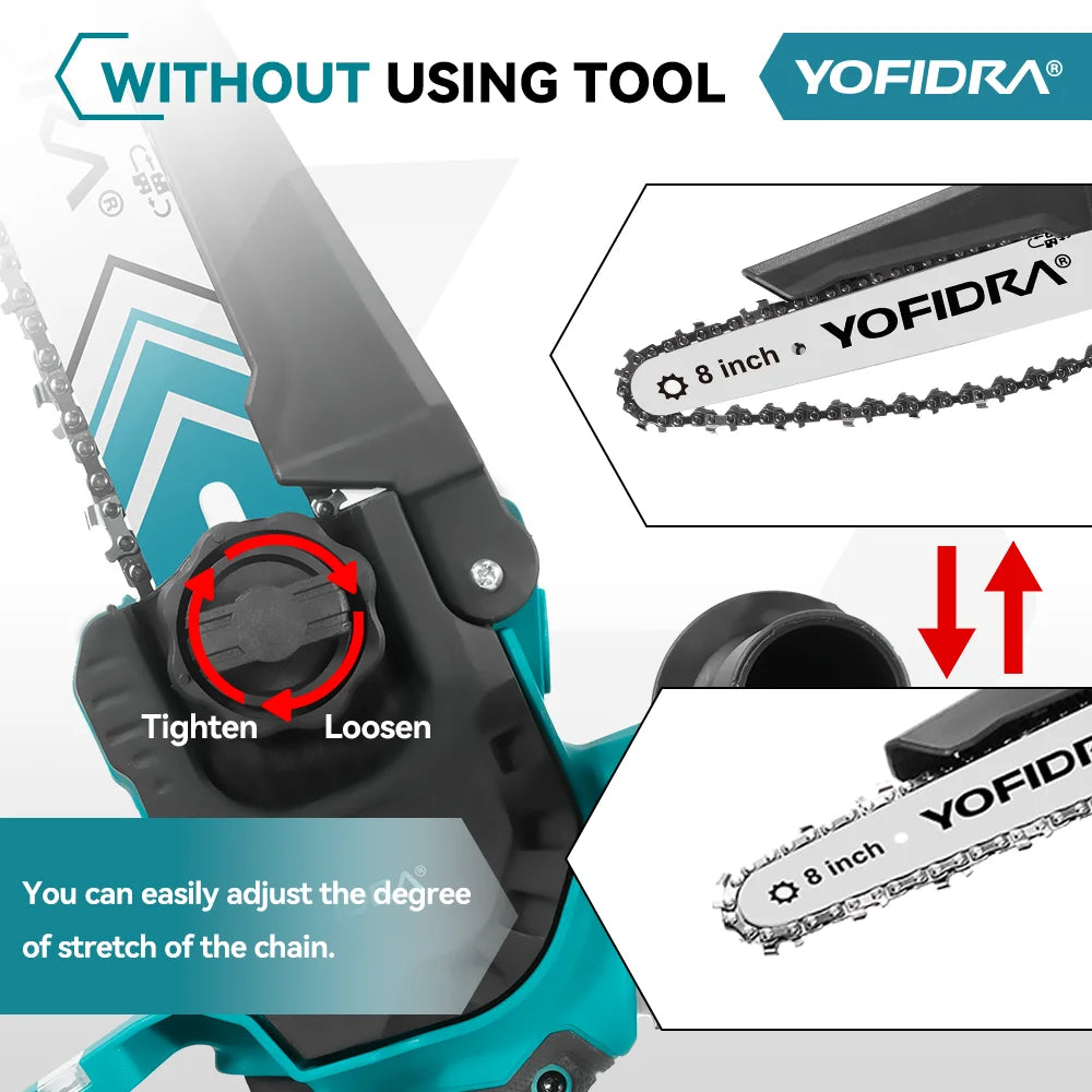 YOFIDRA 4500W Brushless 8 Inch Electric Chainsaw Digital Display Woodworking Pruning Saw Cutting Tool For 21V Battery Pin
