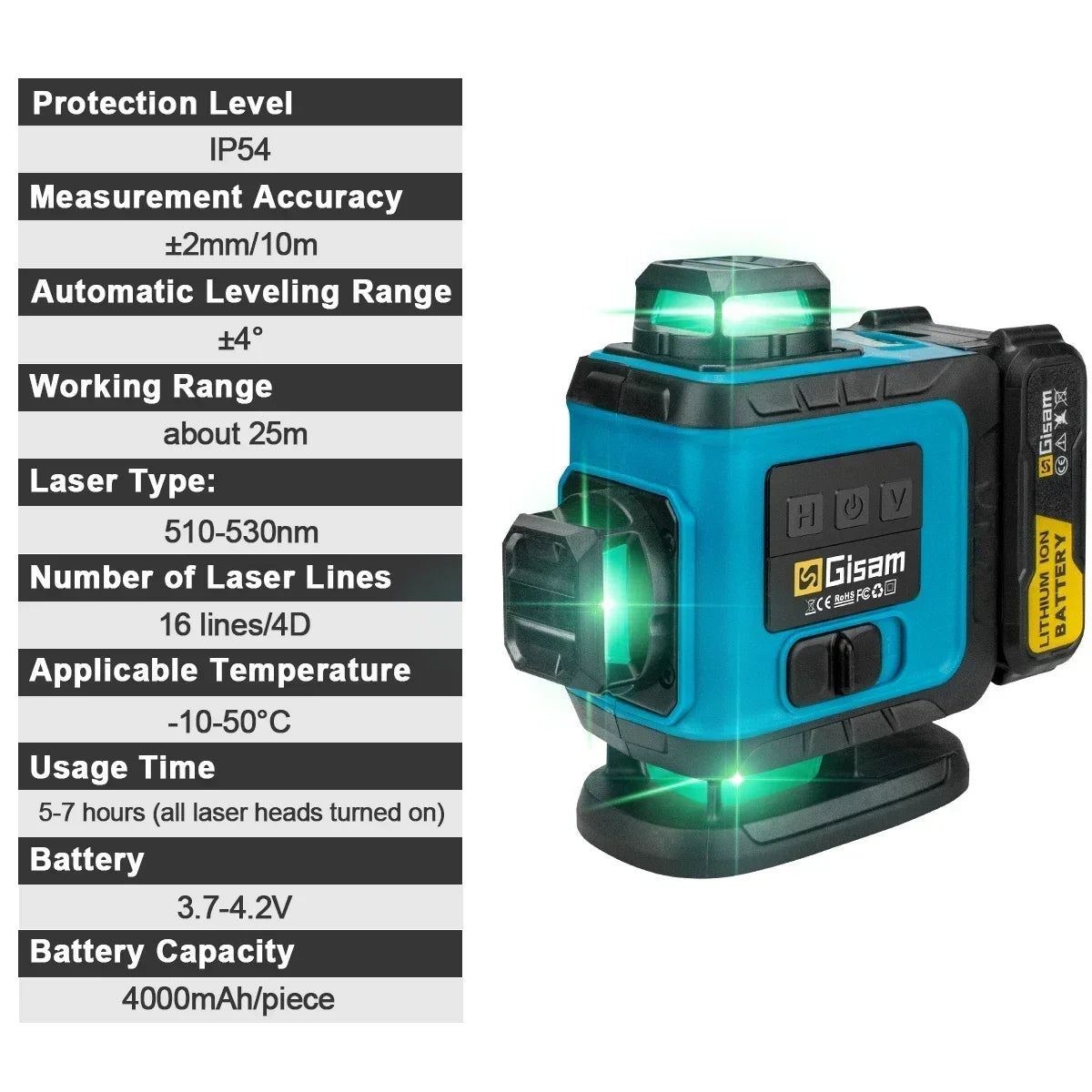 Gisam 4D 16-lijns 360° zelfnivellerende laserwaterpas met statief en koffer, professioneel horizontaal en verticaal lasermeetinstrument