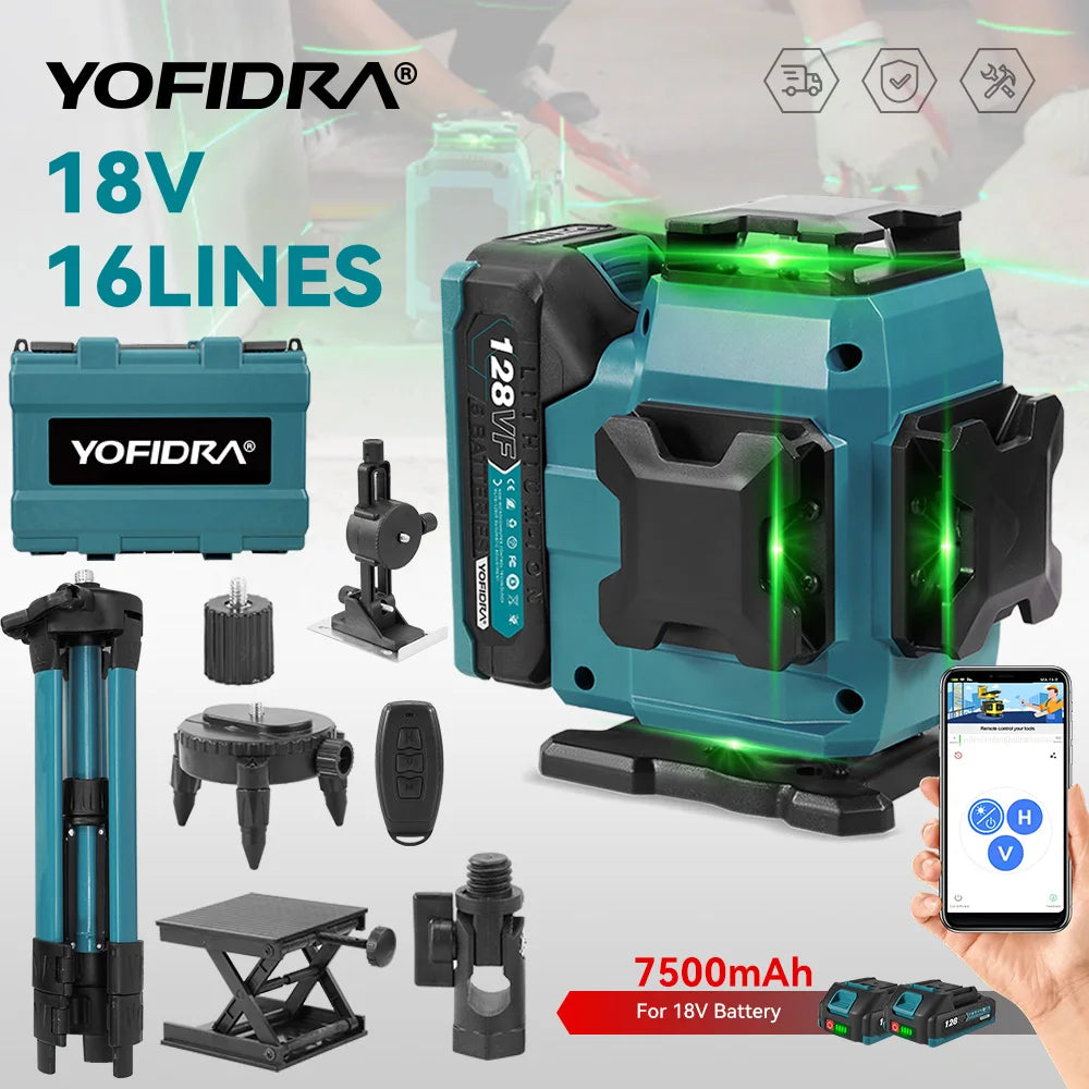 YOFIDRA 16 Lijnen 4D Laserwaterpas Zelfnivellerend 360° Horizontaal Verticaal Nivelleergereedschap met 1M Statief voor Makita 18V Accu Pin