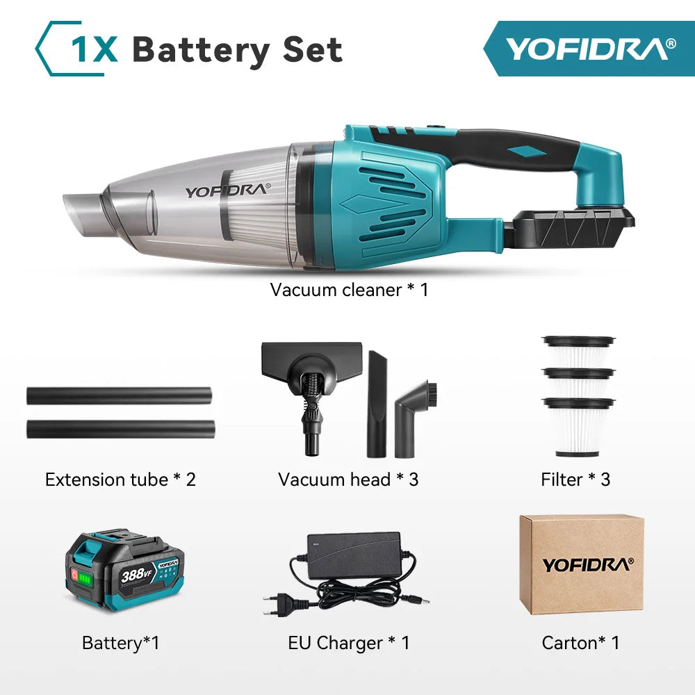 YOFIDRA 1500W 4-in-1 draadloze elektrische stofzuiger, 12KPA, reinigingsgereedschap voor huis en auto, inclusief 3 filters, voor Makita-accu