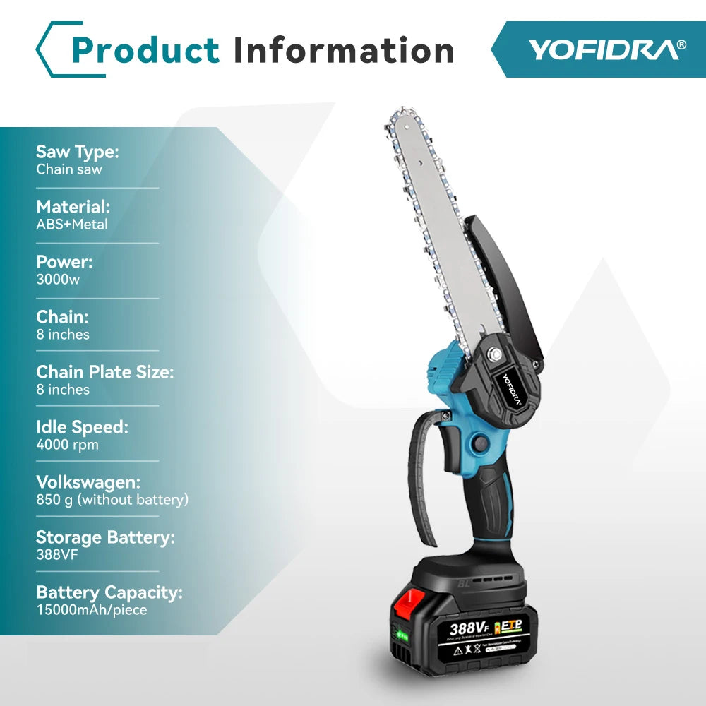 YOFIDRA 3000W 8Inch Brushless ChainSaw Handheld Cordless Pruning Cutting Chain Saw WoodWooking Power Tool For Makita Battery Pin