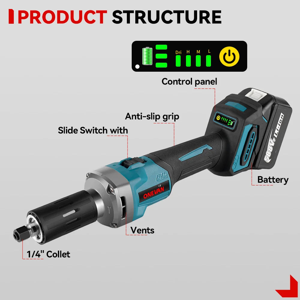 ONEVAN 35000RPM Borstelloze Elektrische Rechte Slijpmachine 2000W 4 Versnellingen Instelbaar Snoerloos Polijst Roterend Gereedschap voor Makita 18v Accu Pin