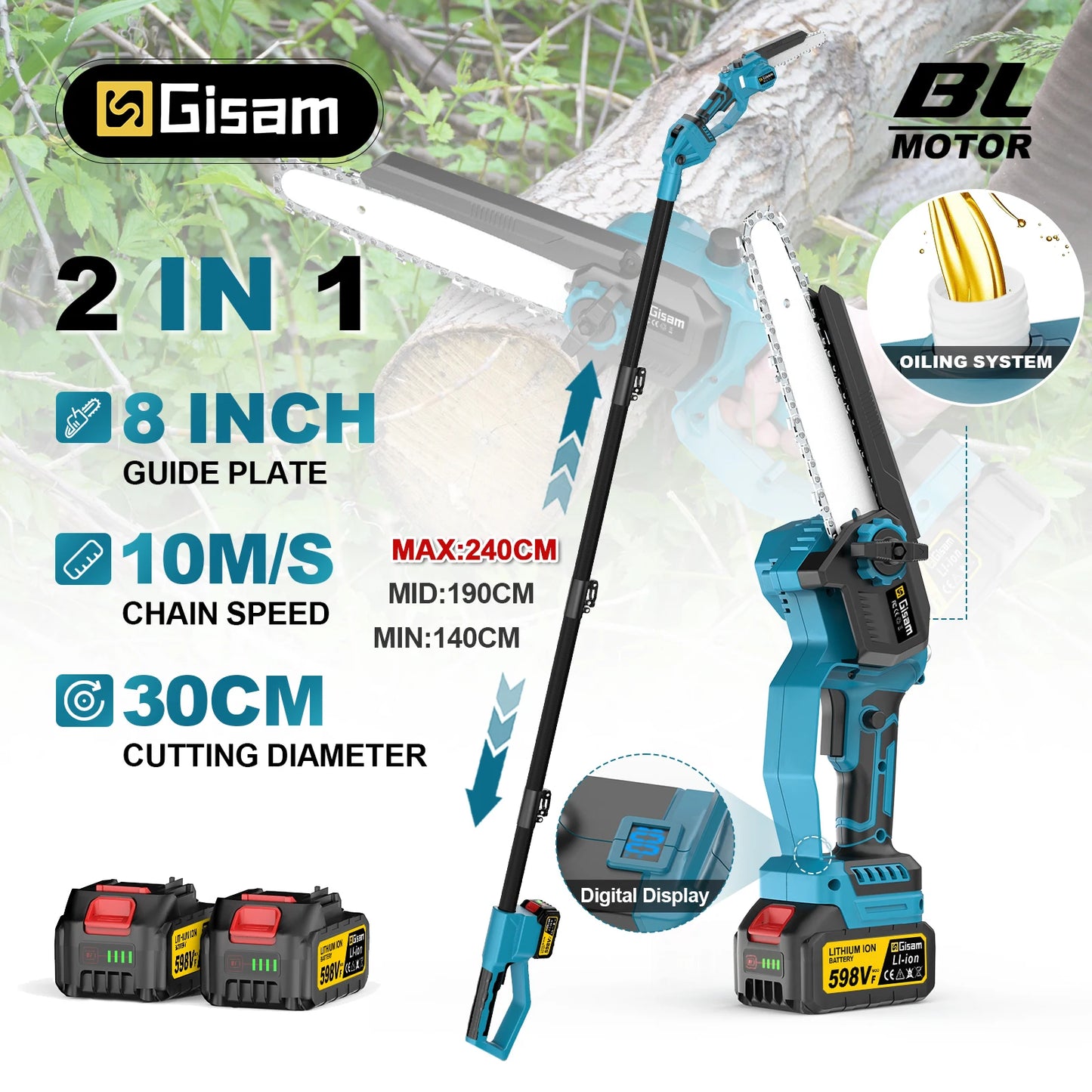 Gisam 2in1 Brushless Telescoping Pole Electric Chainsaw Cordless Garden Pruning Tool High Branch Saw for Makita 18V Battery Pin