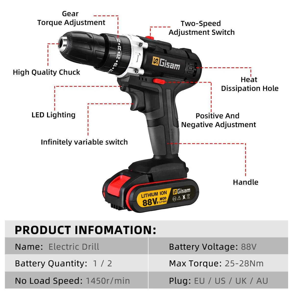 Gisam Tournevis électrique sans fil 25+3 couple, perceuse électrique multifonction, outils électroportatifs pour bricolage à domicile, batterie lithium-ion