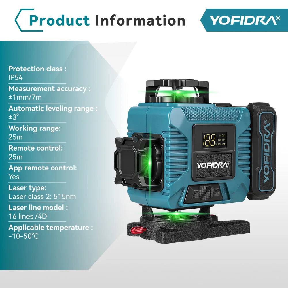 YOFIDRA 16 Lijnen 4D Laserwaterpas met 1M Statief Zelfnivellerend 360° Horizontaal Verticaal Nivelleergereedschap Kruislijnlaser Meetapparaat