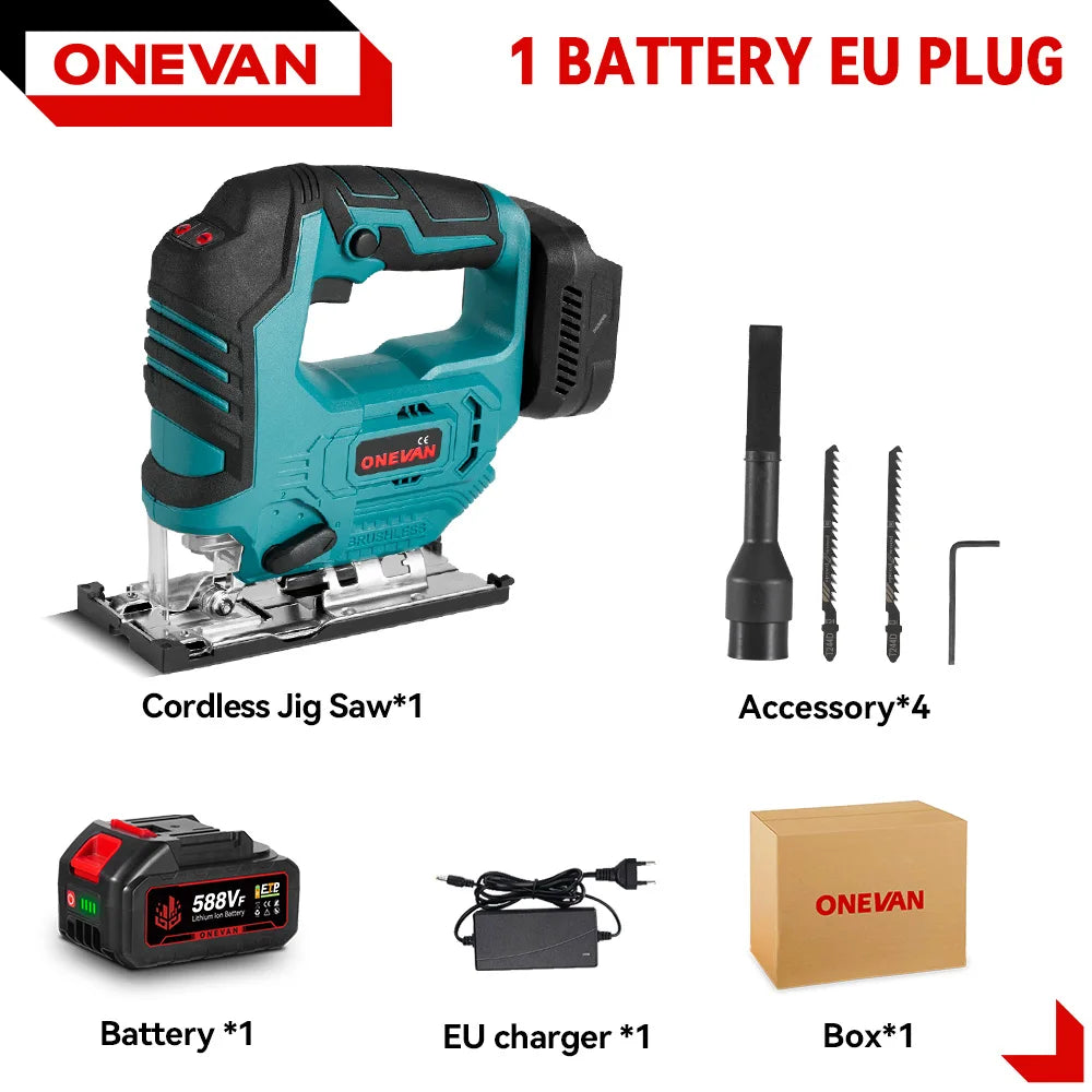 Scie sauteuse électrique sans fil sans balais ONEVAN 3500 tr/min, 1000W, outil de découpe pour travail du bois, compatible avec batterie Makita 18V
