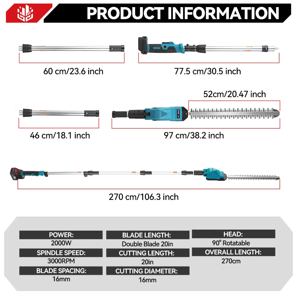 ONEVAN Electric High Branch Hedge Trimmer Cordless Telescopic Hedge Shear Garden Tools Pruning Saw For Makita 18V Battery Pin