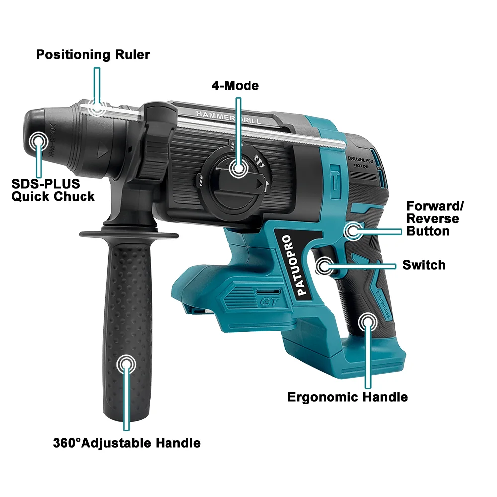 Marteau perforateur sans balais PATUOPRO 26 mm, 4 modes, SDS, rechargeable, outil électroportatif multifonction pour batterie Makita 18 V