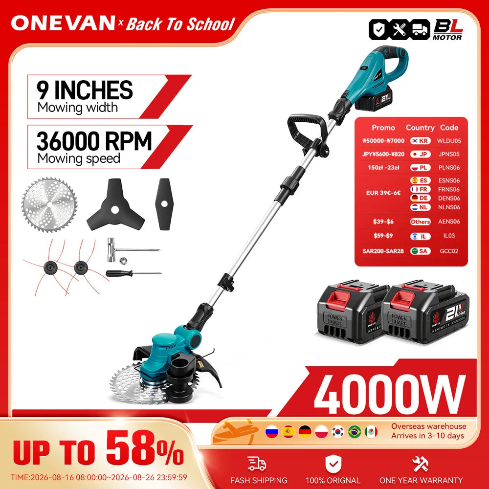 ONEVAN 9inch Brushless Electric Lawn Mower 36000RPM Grass Trimmer Foldable Cutter Garden Power Tool For Makita 18V Battery Pin