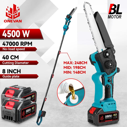 ONEVAN 8Inch Brushless Telescoping Pole Electric Chainsaw Oiler High Branch Saw Garden Pruning Power Tool For 18V Battery Pin
