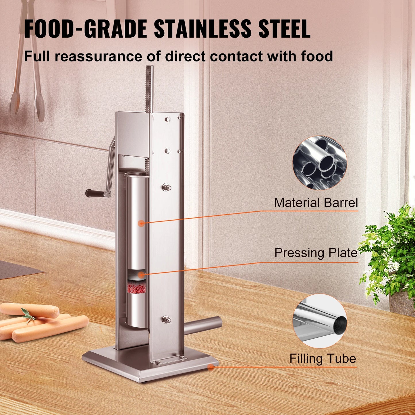 SucceBuy 3 5 7 L Manual Sausage Stuffer Stainless Steel Making Sausage Vertical Maker with 5 Filling Funnels for Home Commercia