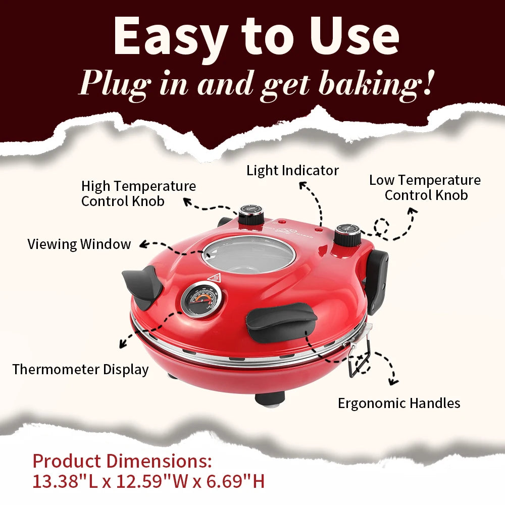 Klaif 12’’ Electric Pizza Oven Indoor Double-sided Heated Fry Countertop Oven Pizza Maker 1200W 5-Min Crisp Dual Knob Control