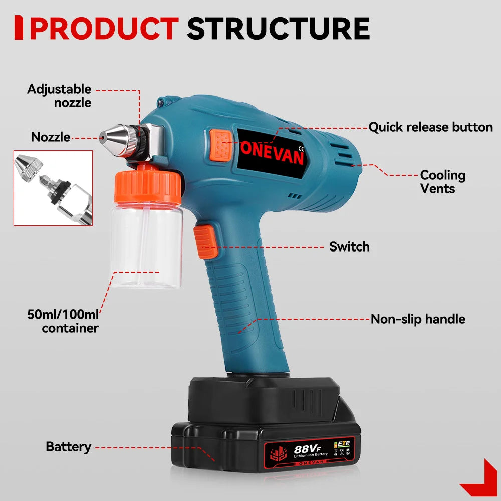 ONEVAN 100ML Electric Spray Gun Cordless Paint Sprayer Rechargeable Auto Furniture Steel Power Tools For Makita 18V Battery Pin