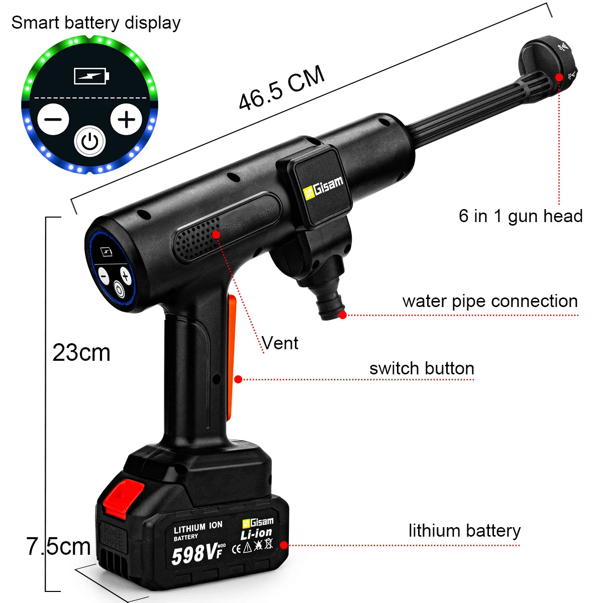 Gisam 200Bar Brushless High Pressure Car Washer 6in1 Electric Car Garden Washing Water Gun Spray Gun for Makita 18V Battery Pin