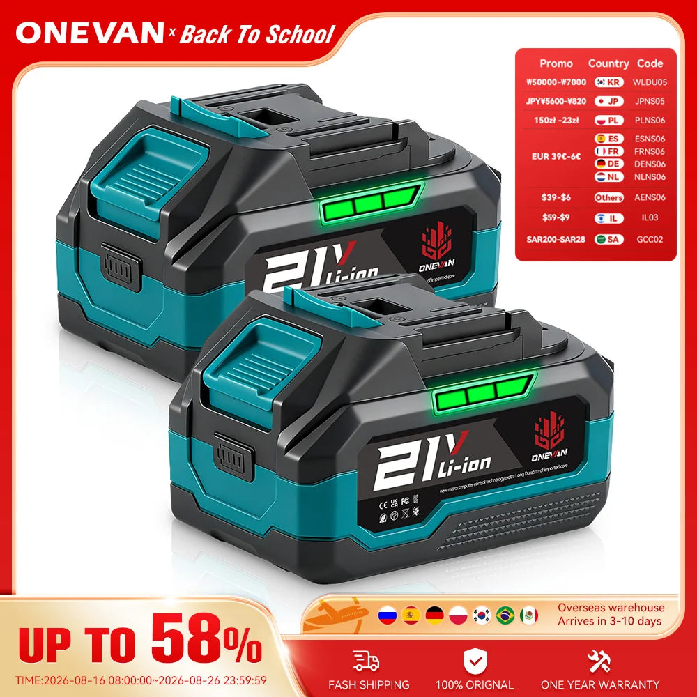 Batterie Lithium-ion rechargeable ONEVAN 21V 588VF 22900mAh pour outils électriques à clé à chocs, compatible avec les batteries Makita 18V