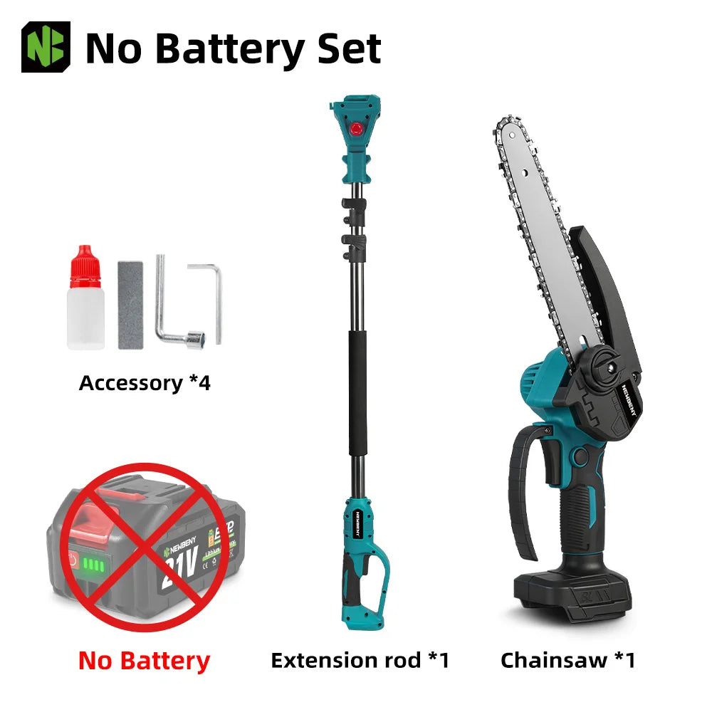 NEWBENY 8 inch elektrische kettingzaag telescopische steel 2-in-1 takkenzaag, tuingereedschap voor 18V 21V batterij-aansluiting