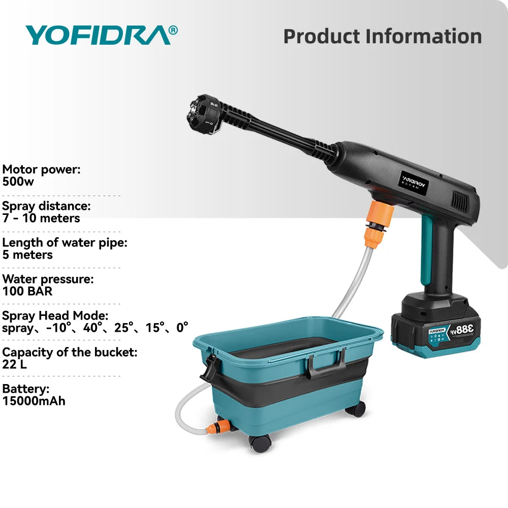 Pistolet pulvérisateur d'eau électrique haute pression 6 en 1 YOFIDRA, outil de lavage  pour voiture et jardin avec seau d'eau pliable de 22 L pour batterie Makita