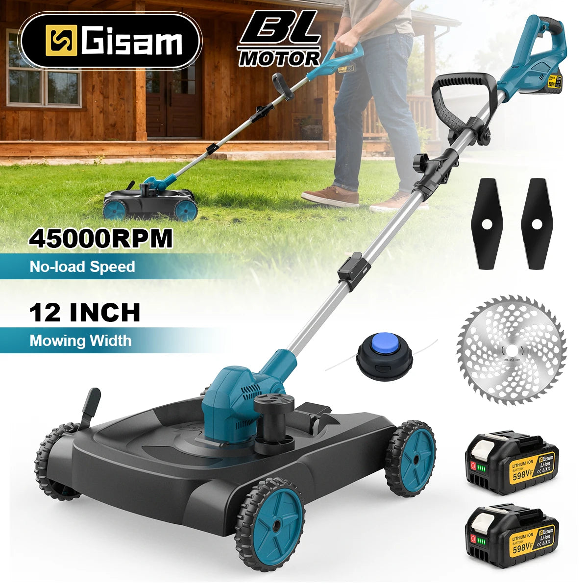 Gisam Cordless Electric Lawn Mower 3in1 Brushless Foldable Grass Trimmer 12Inch Garden Pruning Tool For Makita 18V Battery Pin