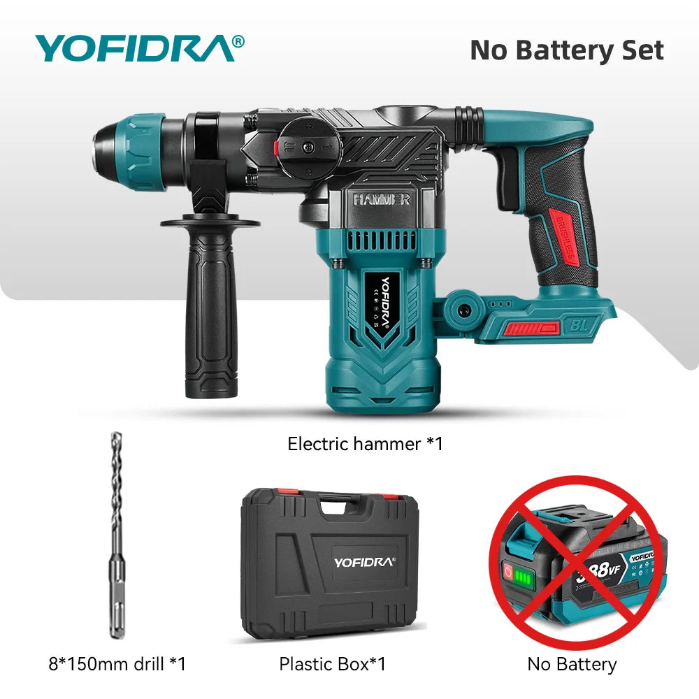 YOFIDRA 2200W Borstelloze Elektrische Hamerboor 26MM Multifunctionele Schroevendraaier Roterend Elektrisch Gereedschap voor Makita 21V Accu Pin