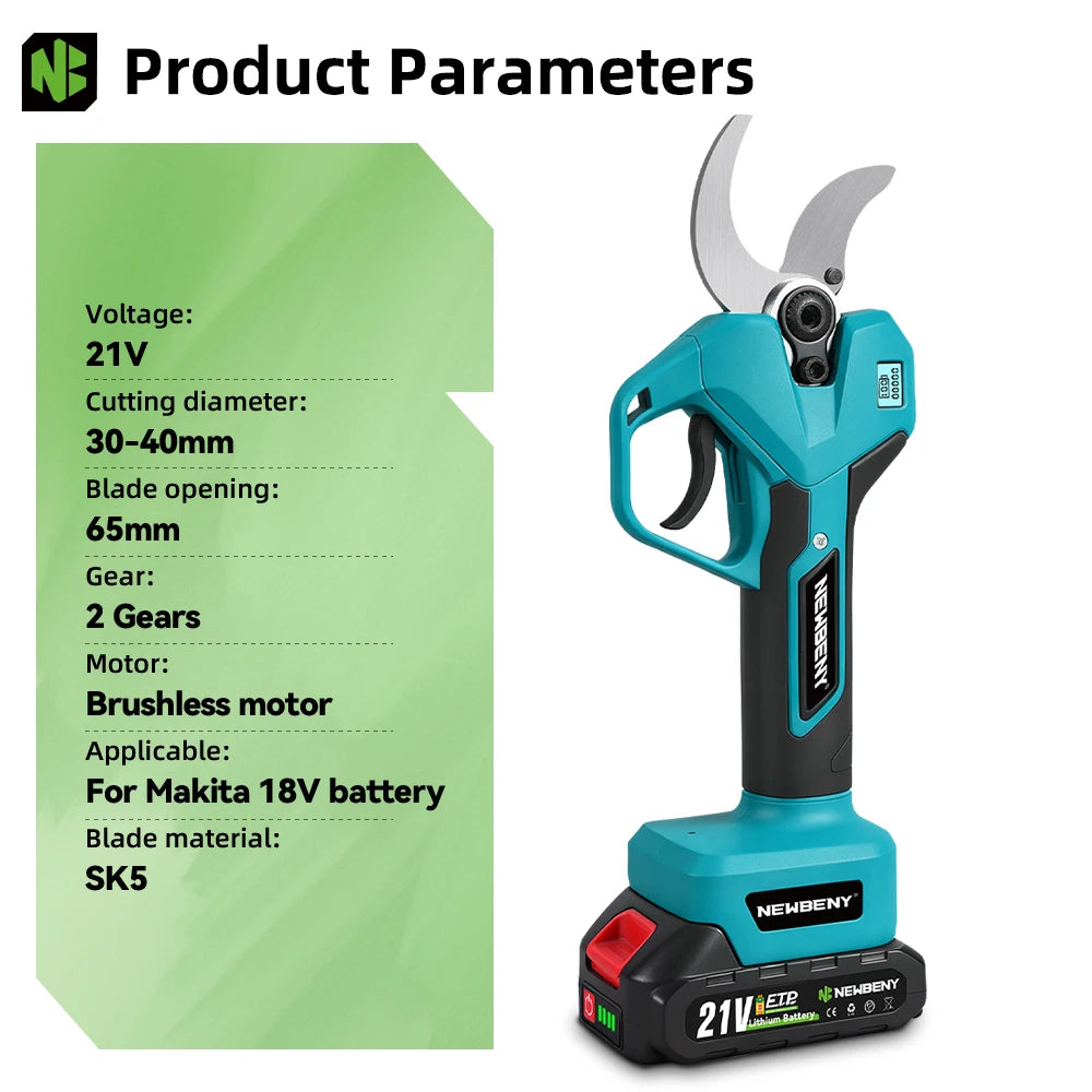 NEWBENY 65MM 2 Versnellingen Borstelloze Elektrische Schaar Draadloze Snoeischaar Fruitboomtak Elektrisch Gereedschap voor Makita Accu