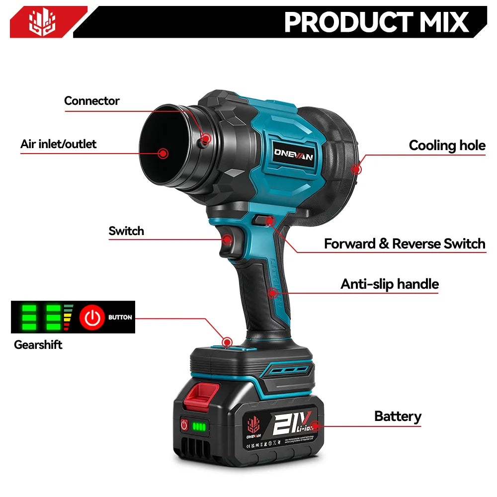 ONEVAN 350M/S Borstelloze Elektrische Turbo Blower Jet Fan 2-in-1 Stofzuigende Bladblazer Stofblaasgereedschap voor Makita 18V Batterij