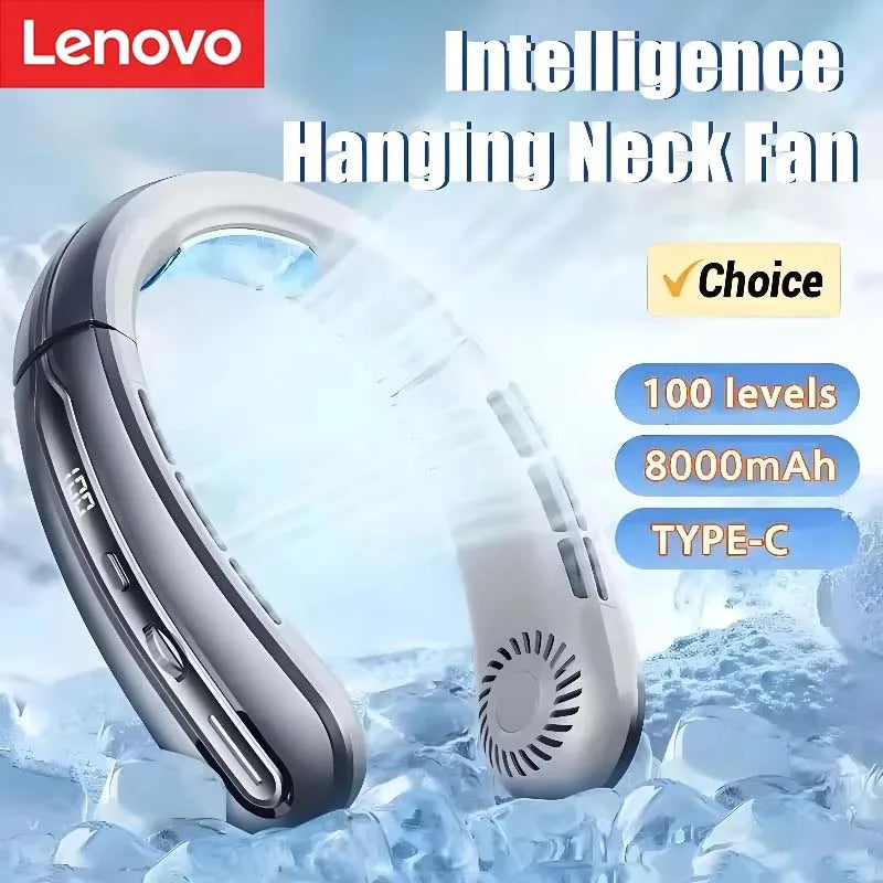 Lenovo 8000mAh Portable Hanging Neck Fan Bladeless Neckband Fan Digital Display Power Air Cooler USB Rechargeable Electric Fan
