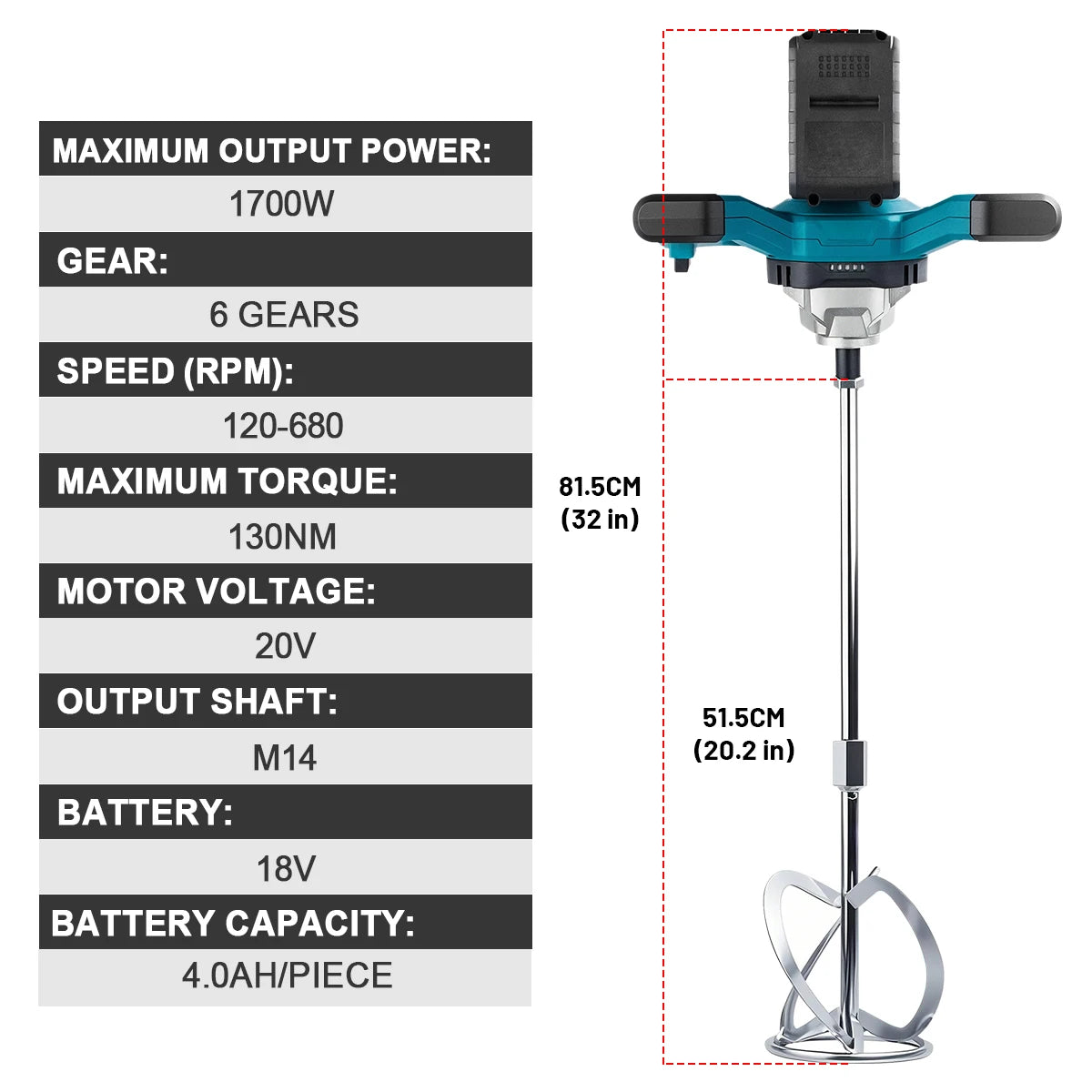 Gisam 6-versnellingen draadloze elektrische betonmixer, borstelloze cement-, mortel-, pleister- en verfmenger voor Makita 18V-accu