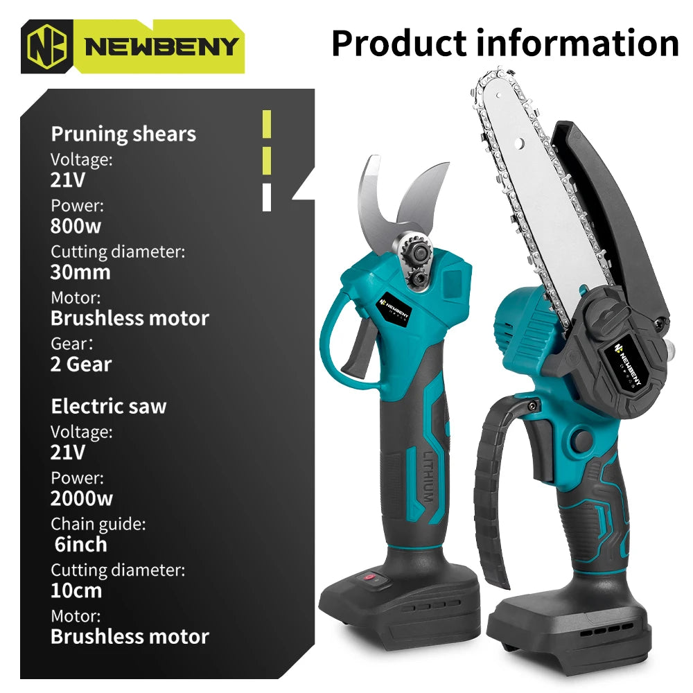 NEWBENY Brushless 30MM Electric Pruning Shears ＆ 6 inch Chainsaw Cordless Garden Cutter DIY Tools Set For Makita Battery Pin