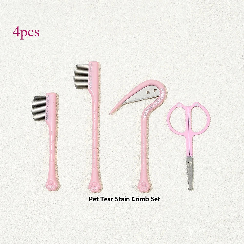 4pcs Pet Facial Cleaning Comb Set Removes Tear Stains Eye-poop Cat Paw Comb Dog Hair Repair Scissors Cat Hair Comb Pet Supplies