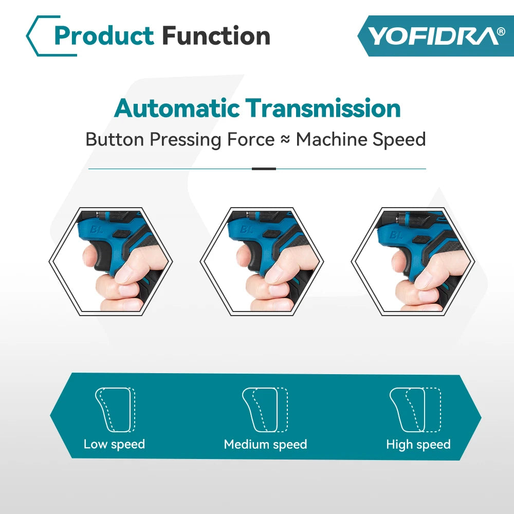 YOFIDRA 20+3 Torque 900N.M Brushless Electric Impact Drill 13MM Cordless Drilling Screwdriver Power Tool for Makita Battery Pin