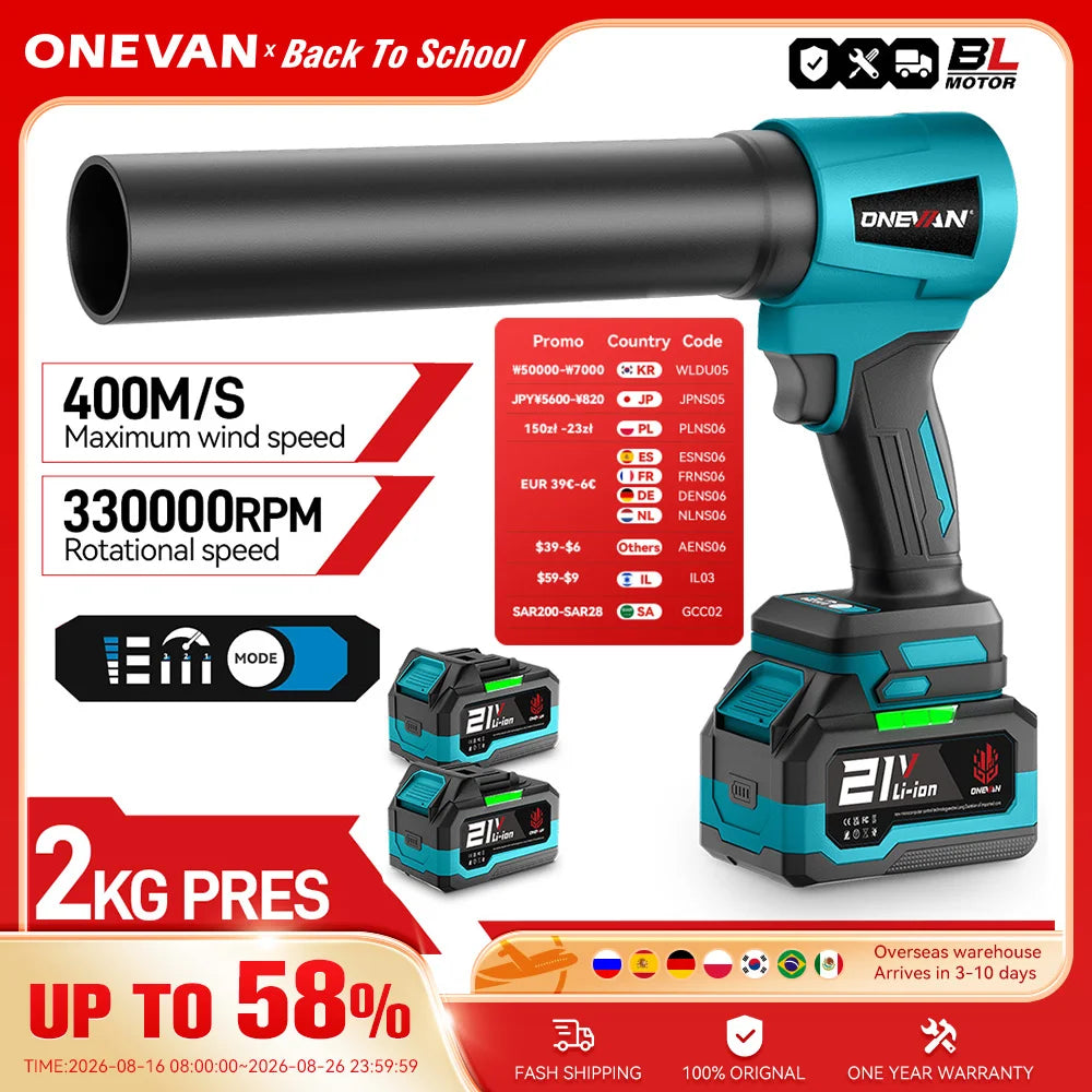 ONEVAN 300.000 TPM Borstelloze Elektrische Turbo Ventilator Jet Fan 400M/S Bladblazer Stofblaasgereedschap voor Makita 18V Accu Pin
