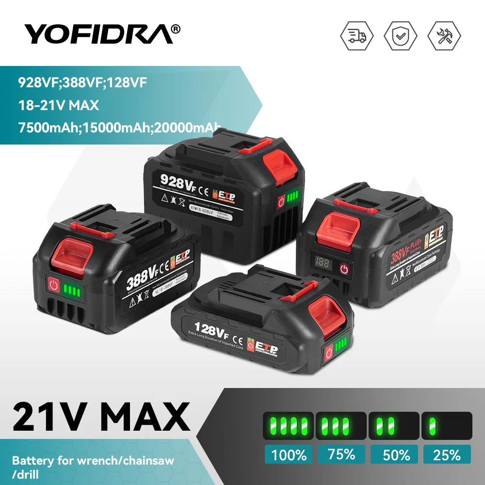 Batterie lithium-ion rechargeable YOFIDRA 928VF 22500mAh, batterie Li-ion 388VF 15000mAh, 128VF pour outil électrique