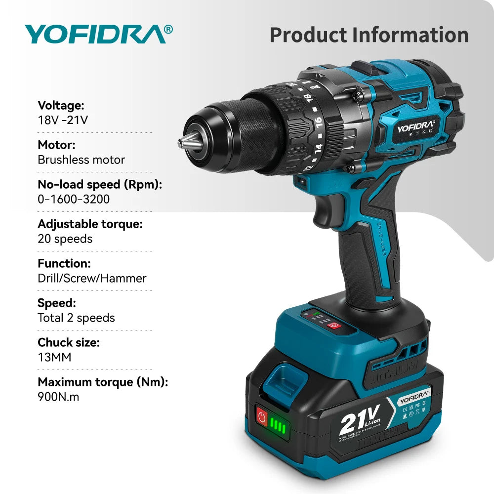YOFIDRA 900N.M 13MM Brushless Electric Impact Drill 20+3 Torque Handheld Drilling Screwdriver Power Tool For Makita Battery Pin