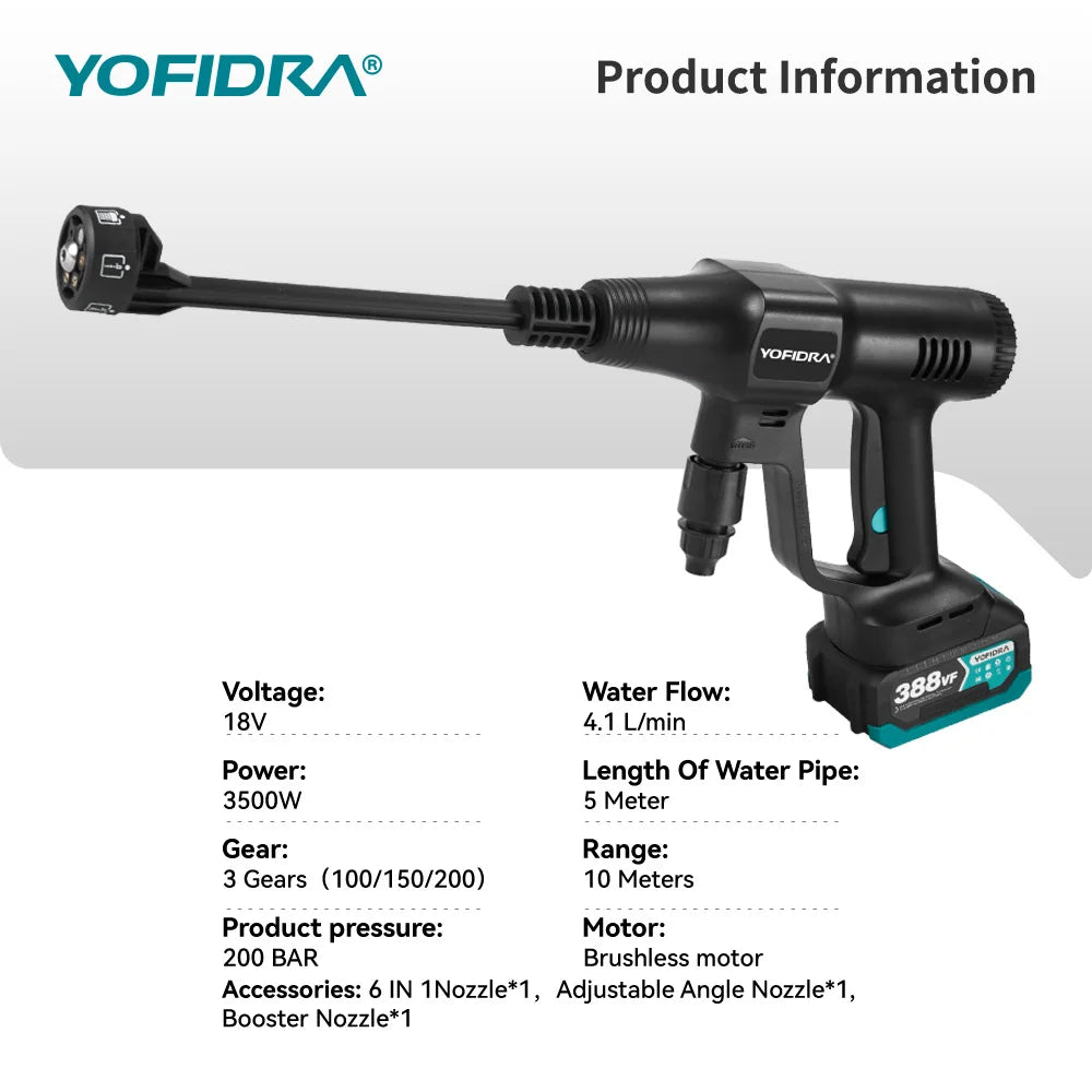 YOFIDRA 6IN1 200Bar Brushless High Pressure Car Washer Water Gun Household Cleaner Washing Wash Spray Gun For Makita Battery Pin