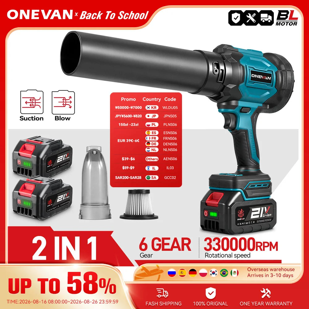 Souffleur turbo électrique sans balais ONEVAN 350 m/s 2 en 1, outil de soufflage pour feuilles, poussière et jardin, compatible avec batterie Makita 18 V