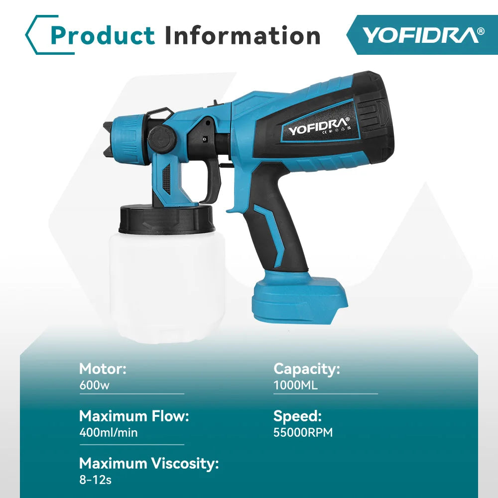 YOFIDRA 1000ML Electric Spray Gun Cordless Paint Sprayer Auto Steel Coating Airbrush DIY Power Tools for Makita 18V-21V Battery Pin