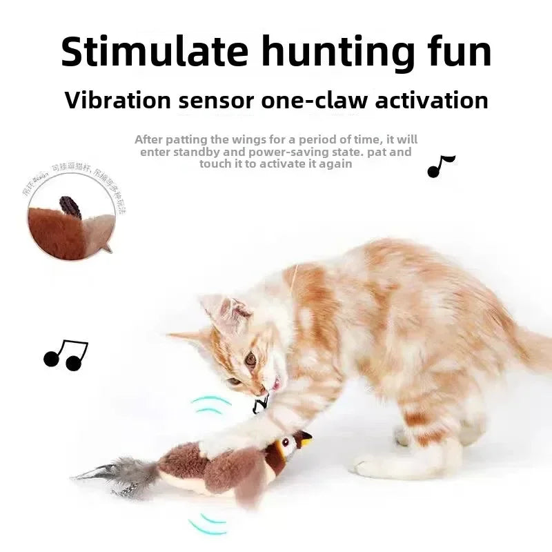 An interactive cat toy designed to stimulate hunting instincts with a vibration-activated bird-shaped plush, featuring a feather tail and sound effects, which enters standby mode after a period of inactivity and can be reactivated by touch.