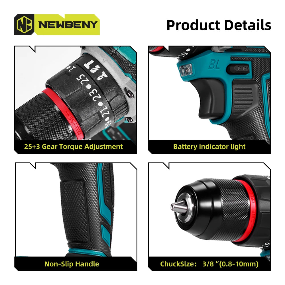 NEWBENY 80N.M 3-IN-1 Brushless Electric Drill Cordless 25+3 Torque Screwdriver Power Tools Set For Makita 18V Battery Pin