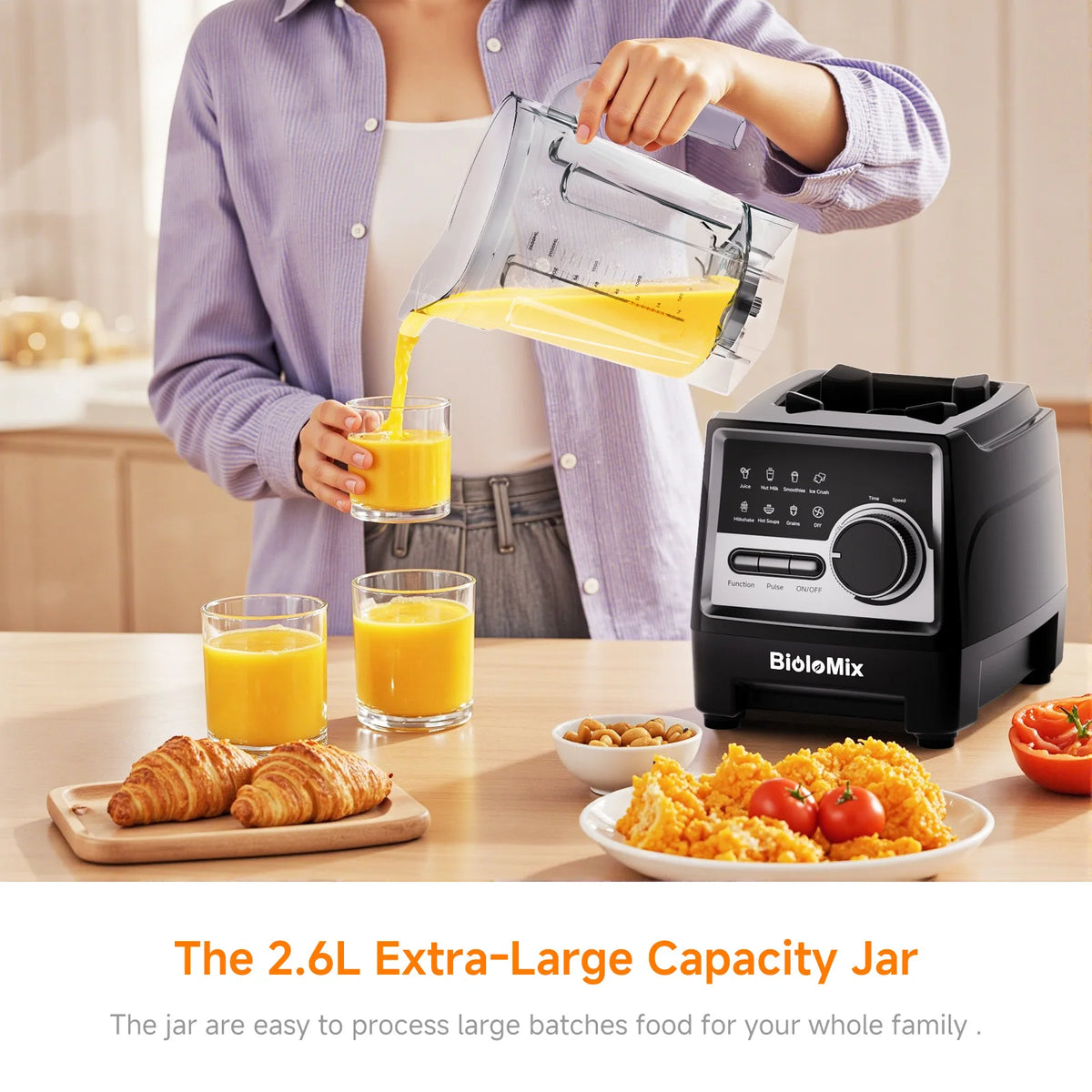 BioloMix 1500W Professional Blender with 2.6L BPA-Free Jar 6 Blades 7 Preset Programs for Smoothies Shakes Nut Milk