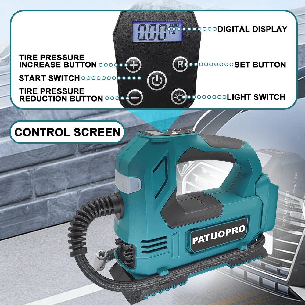 PATUOPRO Digital Display Electric Air Pump 600MM Cordless Car Tire Automatic Inflatable Home Power Tool For Makita 18V Battery