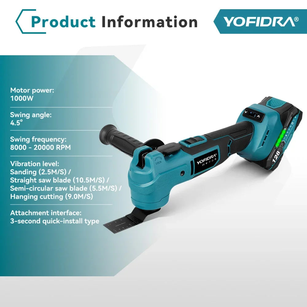 YOFIDRA 1000W Borstelloze Elektrische Oscillerende Multitool AI Snelheidsregeling Accu-gereedschap voor Houtbewerking Geschikt voor Makita Accu