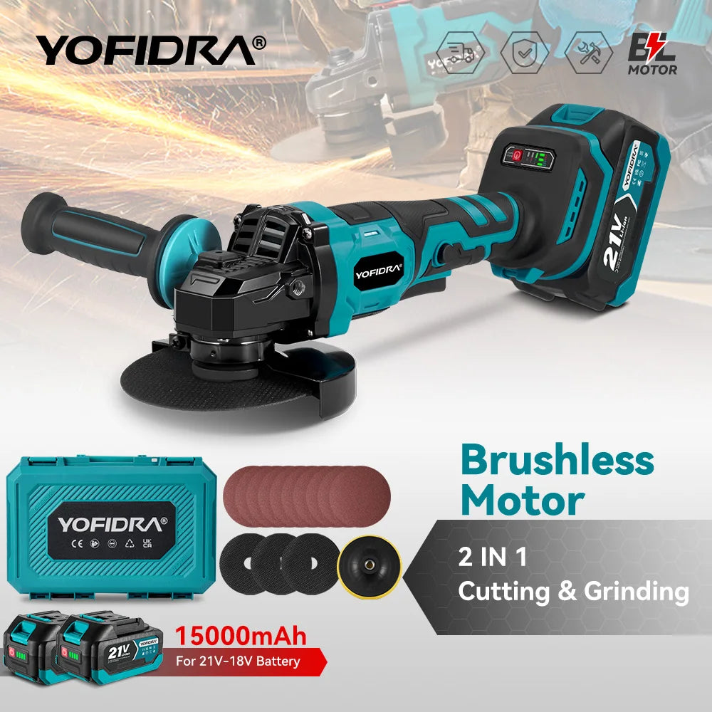 YOFIDRA 2in1 125mm Electric Brushless Angle Grinder 3Gears Woodworking Polisher Cutter Machine Power Tool For Makita Battery Pin