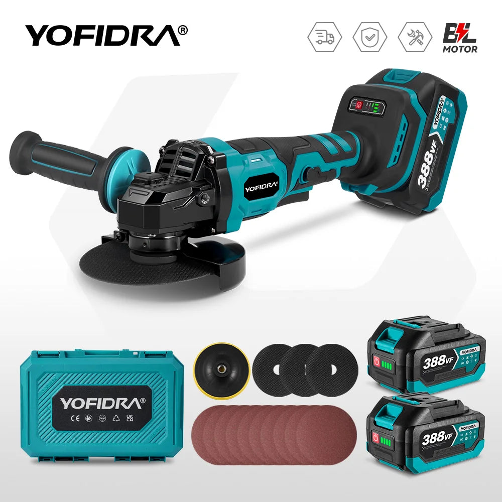 YOFIDRA 125MM Borstelloze Elektrische Haakse Slijpmachine Efficiënte 3 Versnellingen Trimmen Machine Snijgereedschap Set Voor Makita Accu Pin