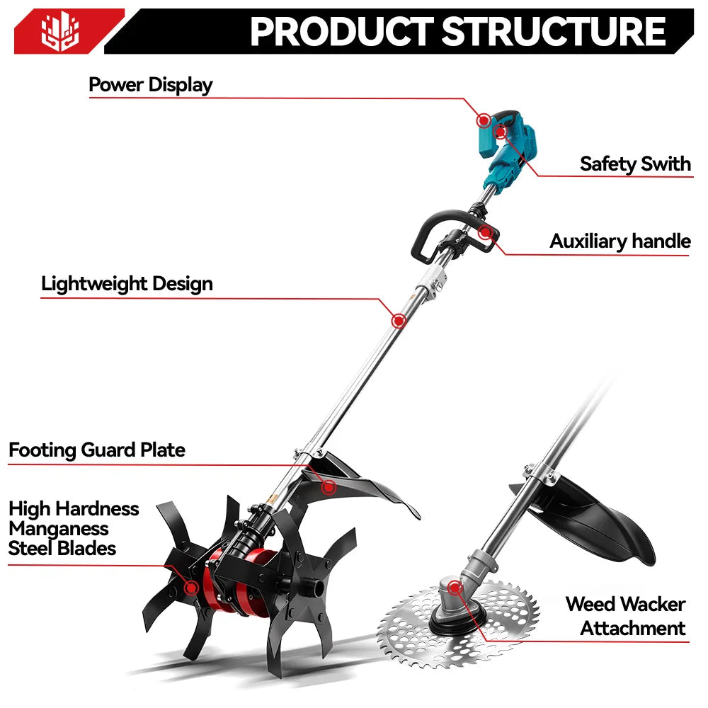 ONEVAN 2-in-1 Borstelloze Elektrische Grasmaaier Tuinfrees Accu Grastrimmer Tuingereedschap voor Makita 21V Accu Pin