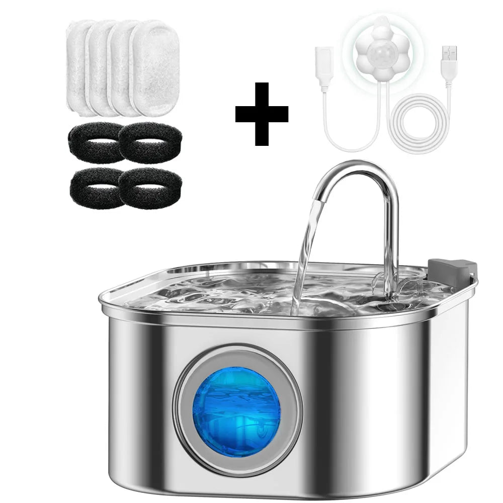 Transparent Window Cat Water Dispenser with sensor 3.2L/108oz Super Quiet& Pets Auto Filter Stainless Steel Cats Water Fountain