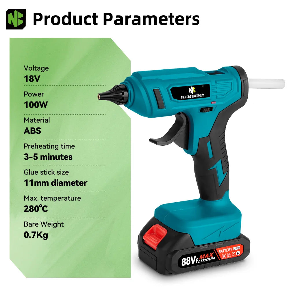 NEWBENY 280°C 100W Electric Hot Melt Glue Gun Cordless Home Graft DIY Repair Tool with 10pcs Glue Sticks for Makita Battery Pin
