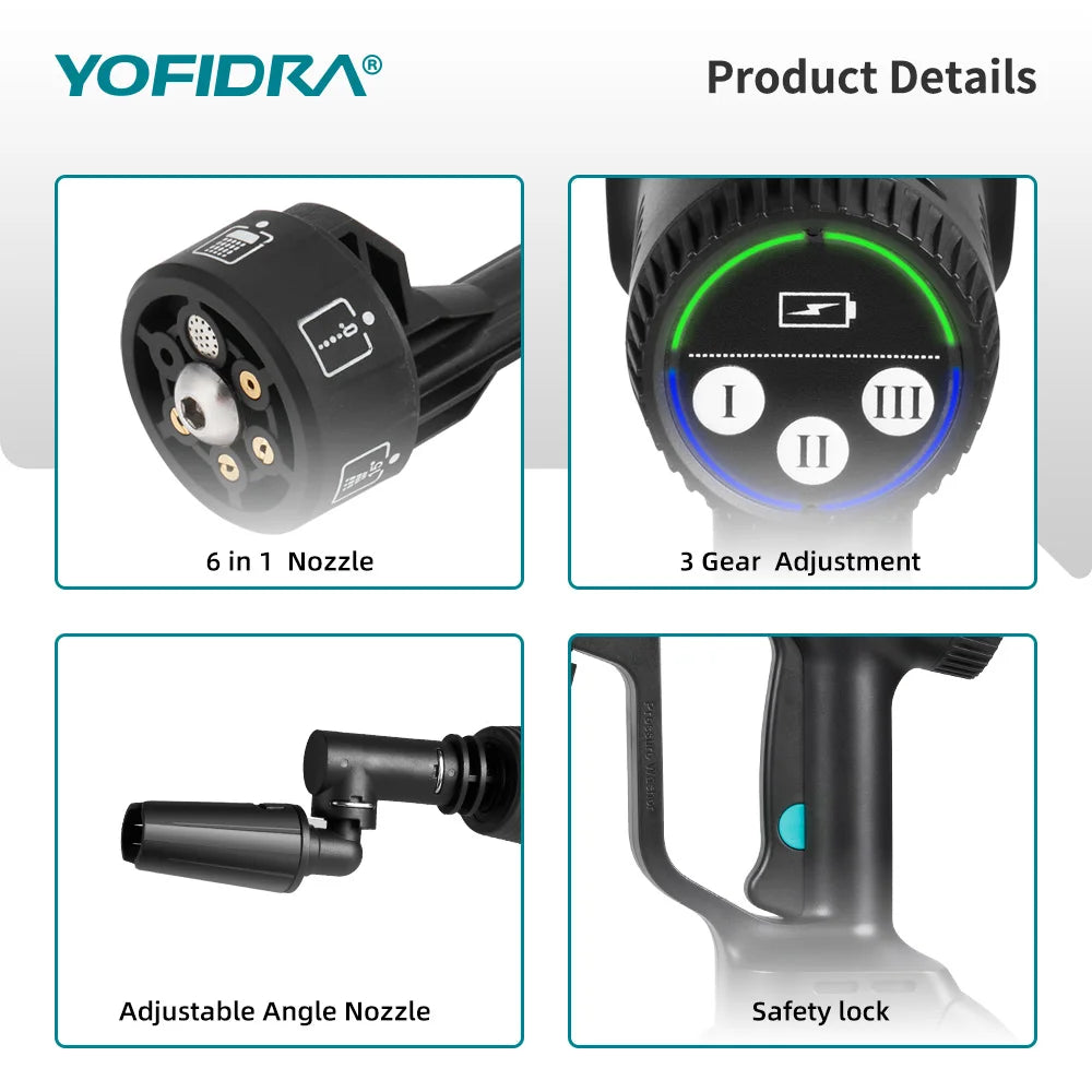 YOFIDRA 6IN1 200Bar Brushless High Pressure Car Washer Water Gun Household Cleaner Washing Wash Spray Gun For Makita Battery Pin